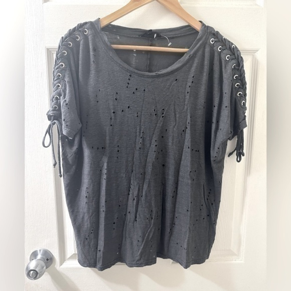 Olivaceous Gray Distressed Lace Up Top